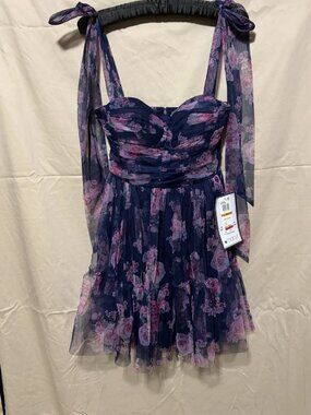 B. Darlin Navy Pink Floral Mesh Sweetheart Strappy Mini Dress